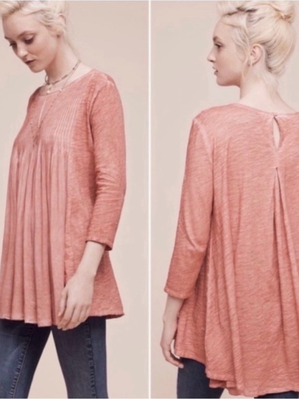 Akemi + Kim Anthropologie Pleated Peasant Tunic Top - Dusty Rose XS